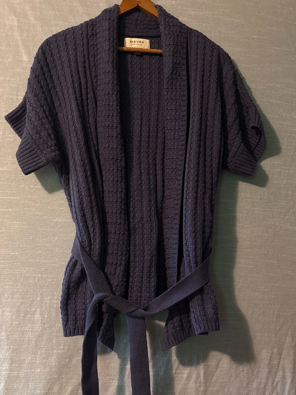 Sonoma Cardigan Sweater Open Short Sleeve Belted Waffle Knit Blue Women’s Sz M